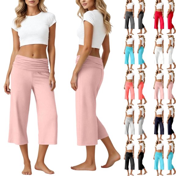 Gaucho Capri Pants for Women Low Rise Wide Leg Cropped Yoga Casual Trousers Fold Over Waist Flowy Summer Beach Pants Pink L