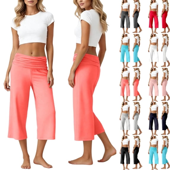 Gaucho Capri Pants for Women Low Rise Wide Leg Cropped Yoga Casual Trousers Fold Over Waist Flowy Summer Beach Pants Watermelon Red L