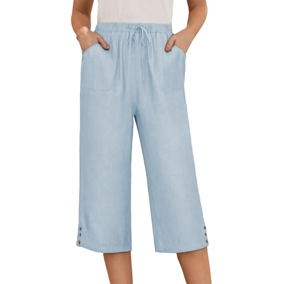 Gaucho Pants for Women, Audhol Women Casual Summer 2026 Straight Capris Wide Leg Pants Loose Drawstring Elastic Waist Trouser Palazzo Pants for Women Casual Blue M