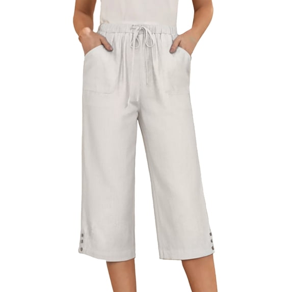 Gaucho Pants for Women, Audhol Women Casual Summer 2026 Straight Capris Wide Leg Pants Loose Drawstring Elastic Waist Trouser Palazzo Pants for Women Casual White M