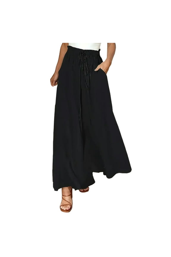 Gaucho Pants for Women, Audhol Women's Wide Leg Pants Flowy Drape Ruffle Waist Pants Flowy Pants for Women Black XL