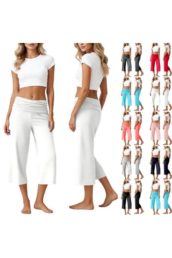 Gaucho Pants for Women Coral Fold over Capri Low Rise Stretch Wide Leg Pants for Summer Beach Holiday Streetwear White M
