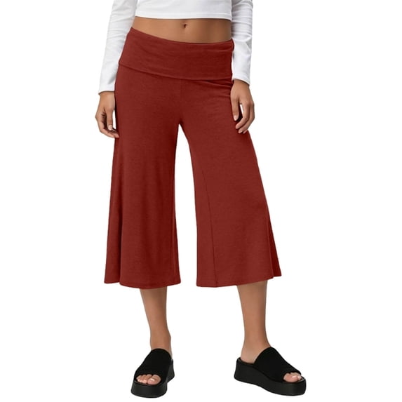Gaucho Pants for Women Coral Fold over Low Rise Stretch Wide Leg Pants for Beach Holiday