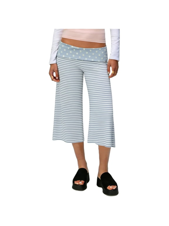 Gaucho Pants for Women Fold Over Cropped Capri Pant Stretch Low Rise Wide Leg Yoga Palazzo Flowy Culotte Bottoms Light Blue S