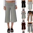 thumbnail image 1 of Gaucho Pants for Women Fold Over Flowy Low Rise Wide Leg Capri Pants Casual Stretch Cropped Pant Coffee L, 1 of 6