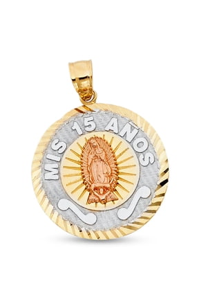 Gaudalupe Mis 15 Anos Coin Pendant 14k Yellow White Rose Gold Quinceanera Charm Fancy 23 x 23 mm