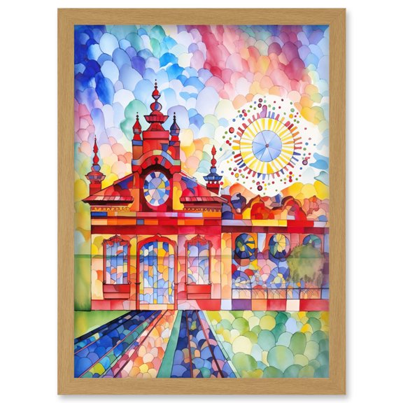 Gaudi Inspired Rural Train Station Folk Art Artwork Framed Wall Art Print A4