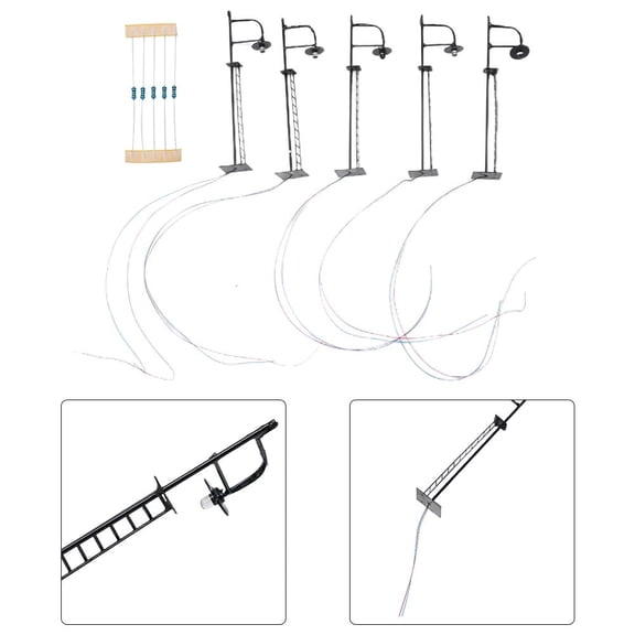 Gauge Model Yard Lights with Warm White LED Lampposts, 5 Pcs Metal and Plastic Scenery Lamps for Scale Railway Layouts, Includes Series Resistors for Safe Connection to 12-16V Transformers