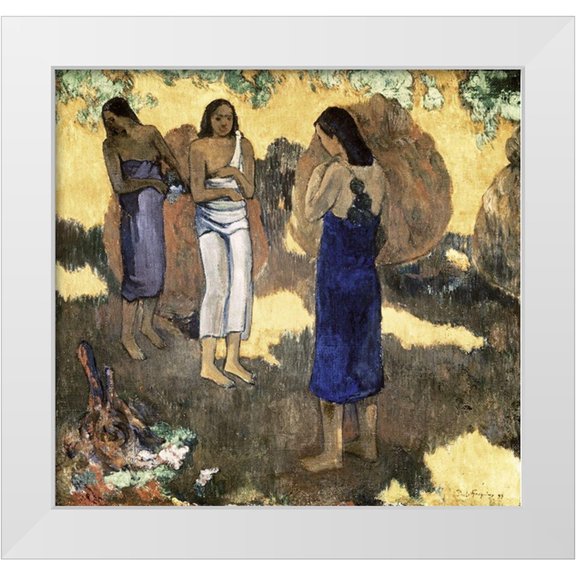 Gauguin, Paul 13x12 White Modern Wood Framed Museum Art Print Titled - Women Standing Against A Yellow Background Femmes Debout Sur Fond Jaune