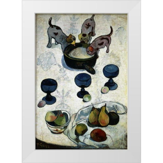 Gauguin, Paul 13x18 White Modern Wood Framed Museum Art Print Titled - Still Life with Three Dogs, - Nature Morte aux Trois Chiots