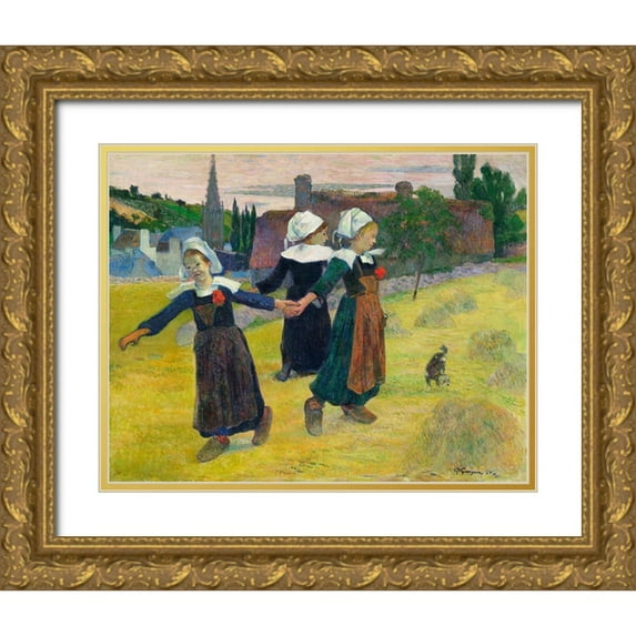 Gauguin, Paul 14x12 Gold Ornate Wood Framed with Double Matting Museum Art Print Titled - Breton Girls Dancing, Pont-Aven