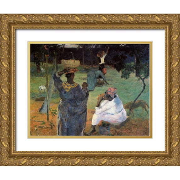 Gauguin, Paul 14x12 Gold Ornate Wood Framed with Double Matting Museum Art Print Titled - Gathering Fruit