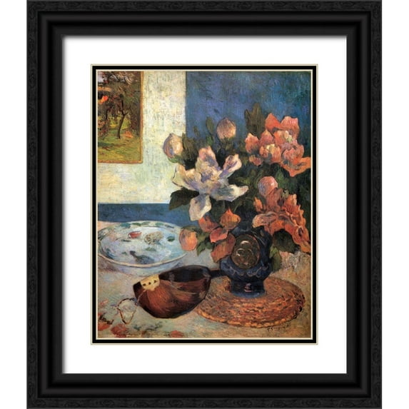 Gauguin, Paul 15x18 Black Ornate Wood Framed with Double Matting Museum Art Print Titled - Still Life With Peonies And Mandolin