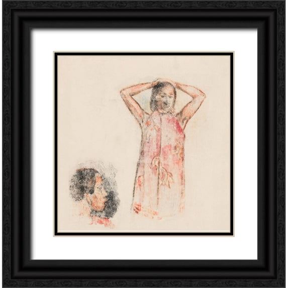 Gauguin, Paul 20x20 Black Ornate Wood Framed with Double Matting Museum Art Print Titled - Tahitian Girl in Pink Pareu