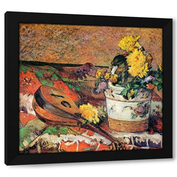 Paul Gauguin 21x20 Black Modern Wood Framed Wall Art Titled - Mandolin And Pot Of Flowers