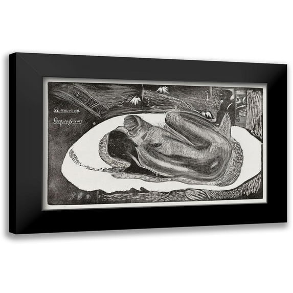 Gauguin, Paul 24x16 Black Modern Framed Museum Art Print Titled - She Thinks of the Ghost or The Ghost Thinks of Her (Manao tupapau), from the Noa Noa Suite