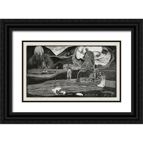 Gauguin, Paul 24x16 Black Ornate Wood Framed with Double Matting Museum Art Print Titled - Offerings of Gratitude (Maruru), from the Noa Noa Suite