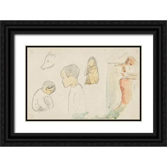 Gauguin, Paul 24x17 Black Ornate Wood Framed with Double Matting Museum Art Print Titled - Sketches of Crouching and Standing Figures, a Pig, and a Hut at Water?s Edge