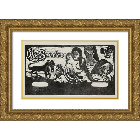 Gauguin, Paul 32x20 Gold Ornate Wood Framed with Double Matting Museum Art Print Titled - Three People, a Mask, a Fox and a Bird, headpiece for Le sourire