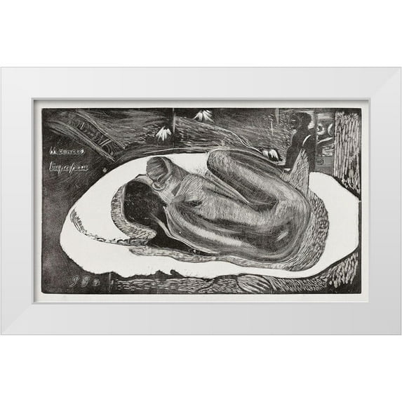 Gauguin, Paul 32x21 White Modern Wood Framed Museum Art Print Titled - She Thinks of the Ghost or The Ghost Thinks of Her (Manao tupapau), from the Noa Noa Suite