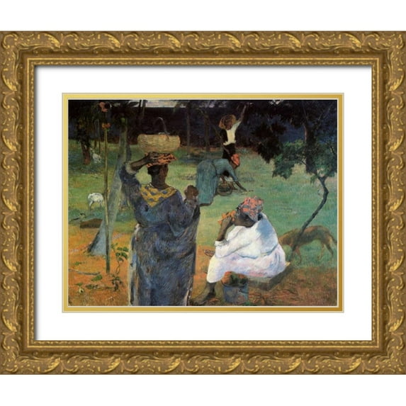 Gauguin, Paul 32x25 Gold Ornate Wood Framed with Double Matting Museum Art Print Titled - Gathering Fruit