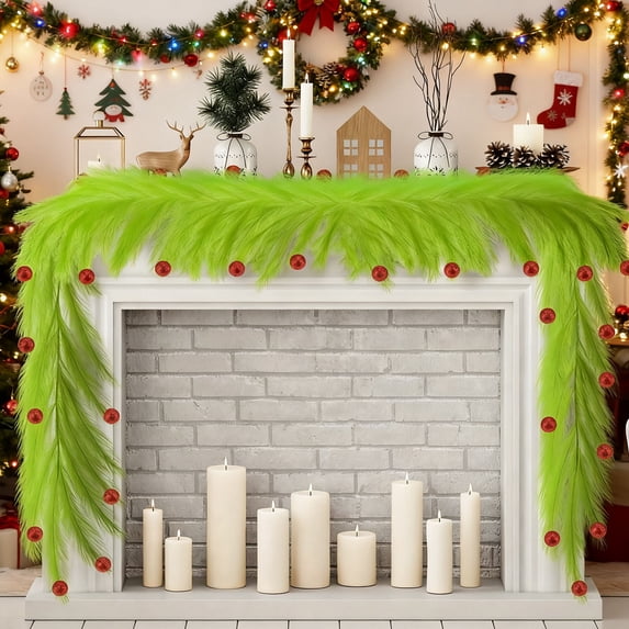 Gaukiv Artificial Green Pampas Grass Garland with Red Ball Ornaments for Christmas Tree Topper Mantel Scene Decor, 6 Ft