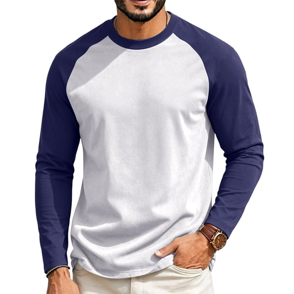 Gaukiv Crew Neck T Shirts for Men Raglan Color Block Long Sleeve Regular Fit Soft Fabric Blouses Layer Tops White L