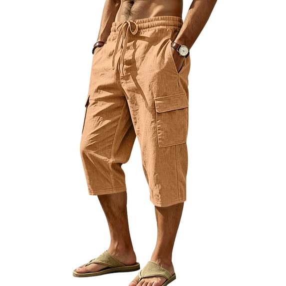 Gaukiv Linen Cargo Shorts for Men 7 Inch Inseam Multi Pocket Drawstring Waist Outdoor Hiking Work Bottoms Earthy Yellow 2XL