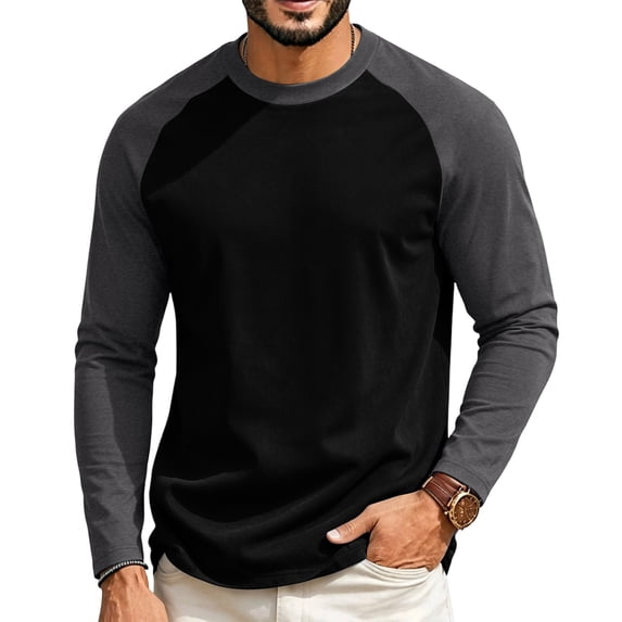 Gaukiv Long Sleeve Shirts for Men Crew Neck Raglan Color Block Regular Fit Soft Fabric Blouses Layer Tops Black 4XL