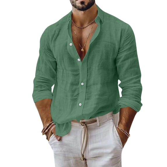 Gaukiv Long Sleeve Shirts for Men Solid Stand Collar Open Front Relaxed Fit Lightweight Blouses Basic Tops Dark Green S