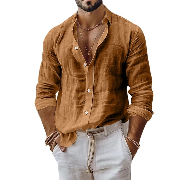 Gaukiv Long Sleeve Shirts for Men Solid Stand Collar Open Front Relaxed Fit Lightweight Blouses Basic Tops Light Brown XL