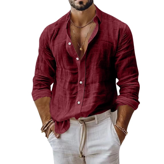 Gaukiv Long Sleeve Shirts for Men Solid Stand Collar Open Front Relaxed Fit Lightweight Blouses Basic Tops Wine 2XL