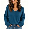 thumbnail image 1 of Gaukiv Long Sleeve Sweaters for Women Solid V Neck Slimming Lightweight Knit Pullovers Basic Blouses Layer Tops Dark Blue S, 1 of 6