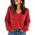 thumbnail image 1 of Gaukiv Long Sleeve Sweaters for Women Solid V Neck Slimming Lightweight Knit Pullovers Basic Blouses Layer Tops Red 2XL, 1 of 6