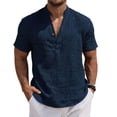 thumbnail image 1 of Gaukiv Men's Band Collar Shirts Short Sleeve Linen Blouses Relaxed Tops Navy M, 1 of 5