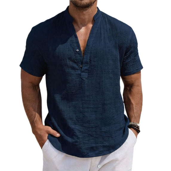 Gaukiv Men's Band Collar Shirts Short Sleeve Linen Blouses Relaxed Tops Navy M