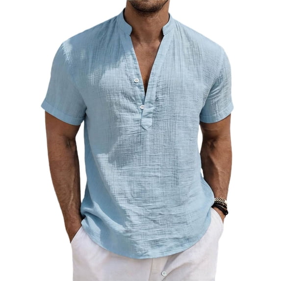 Gaukiv Men's Band Collar Shirts Short Sleeve Linen Blouses Relaxed Tops Sky Blue L