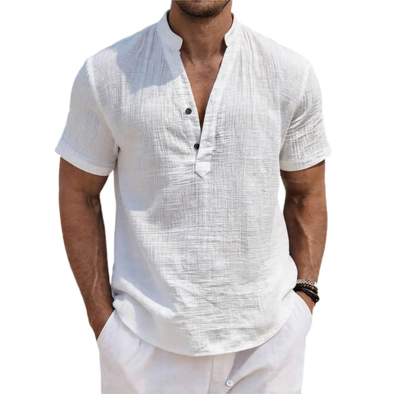 Gaukiv Men's Band Collar Shirts Short Sleeve Linen Blouses Relaxed Tops White M