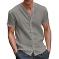 thumbnail image 1 of Gaukiv Men's Shirts Band Collar Short Sleeve Linen Blouses Casual Tops Gray 2XL, 1 of 6