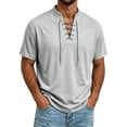thumbnail image 1 of Gaukiv Men's Shirts Lace Up V Neckline Short Sleeve Lightweight Tops Casual Blouses Light Gray L, 1 of 7