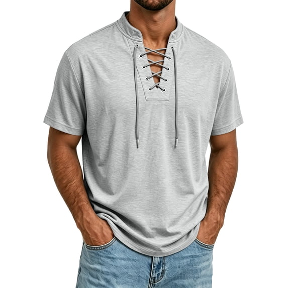 Gaukiv Men's Shirts Lace Up V Neckline Short Sleeve Lightweight Tops Casual Blouses Light Gray L