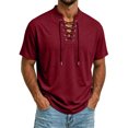 thumbnail image 1 of Gaukiv Men's Shirts Lace Up V Neckline Short Sleeve Lightweight Tops Casual Blouses Wine 2XL, 1 of 7