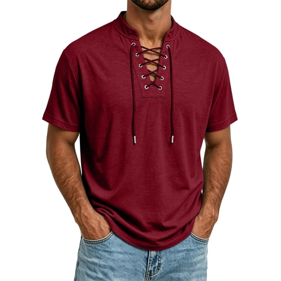 Gaukiv Men's Shirts Lace Up V Neckline Short Sleeve Lightweight Tops Casual Blouses Wine 2XL