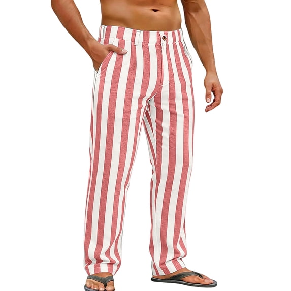 Gaukiv Men's Striped Trousers Button Fly Straight Leg Casual Pants Pink L