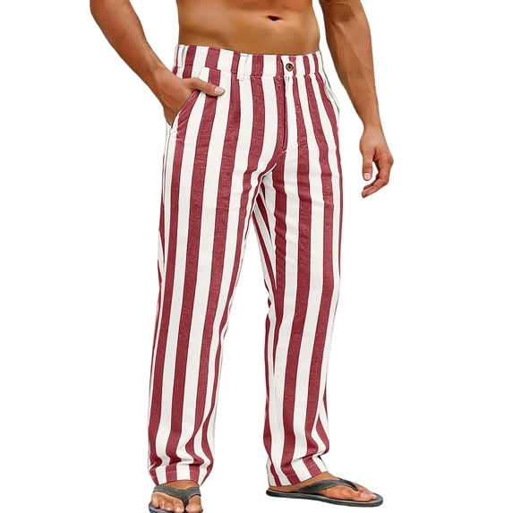 Gaukiv Men's Striped Trousers Button Fly Straight Leg Casual Pants Red 2XL