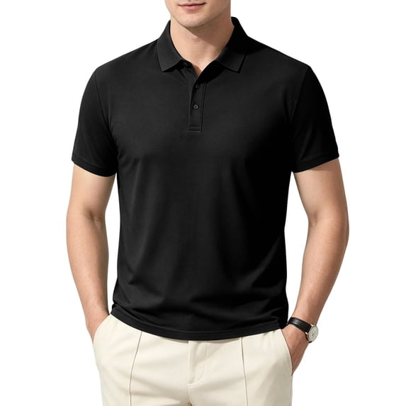 Gaukiv Men's T Shirts Collared Neckline Short Sleeve Solid Tees Summer Casual Tops Black L