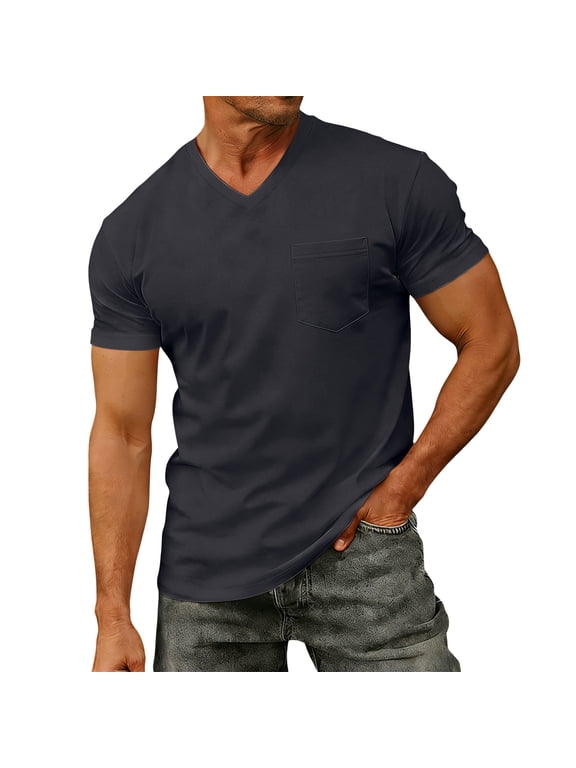 Men's T Shirts V Neckline Short Sleeve Pocket Tees Casual Tops Navy 3XL