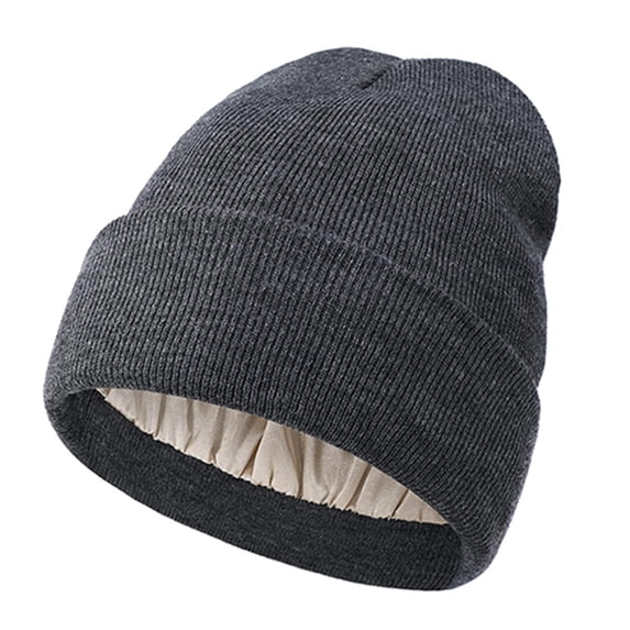 Gaukiv Unisex Ribbed Knit Beanies Soft Acrylic Winter Cuffed Skull Caps Satin Lined Warm Hats Dark Gray