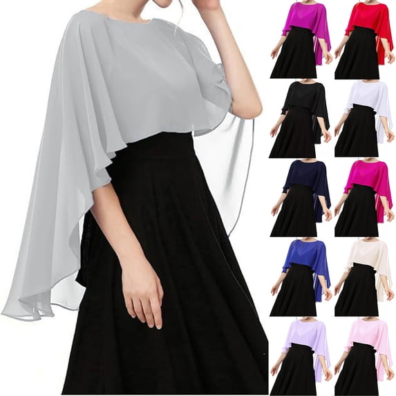 Gaukiv Women Chiffon Cape Shawls Short Open Front Lightweight Sheer Elegant Evening Wedding Layering Light Gray