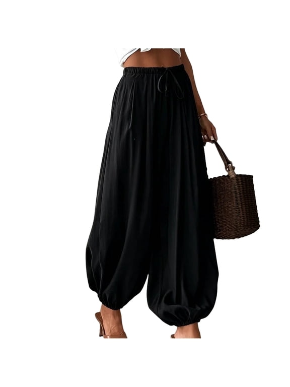 Womens Balloon Pants Cinched Cuff Wide Leg Trousers Black M